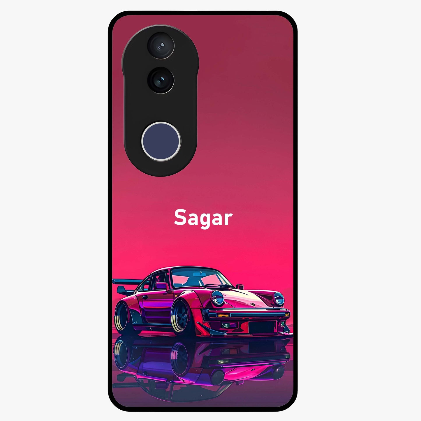 Neon Pink Porsche Glass Case showing flat back view with stylish sports car artwork and glossy glass finish.