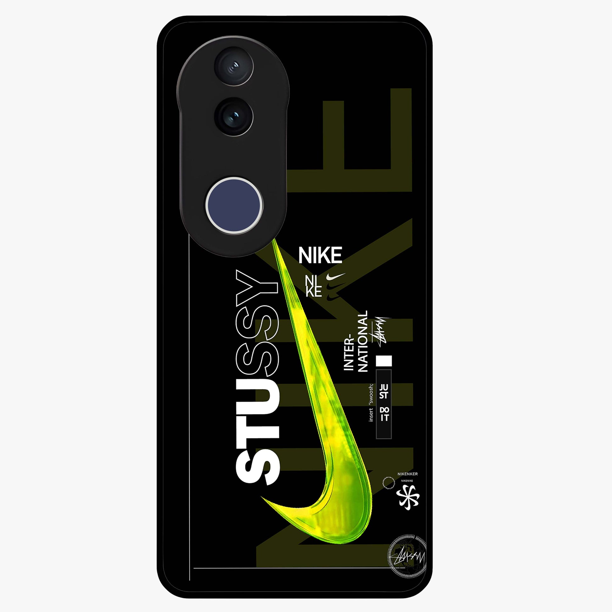 Neon Street Edition Glass Case showing flat back view with neon street style artwork and glossy glass finish.