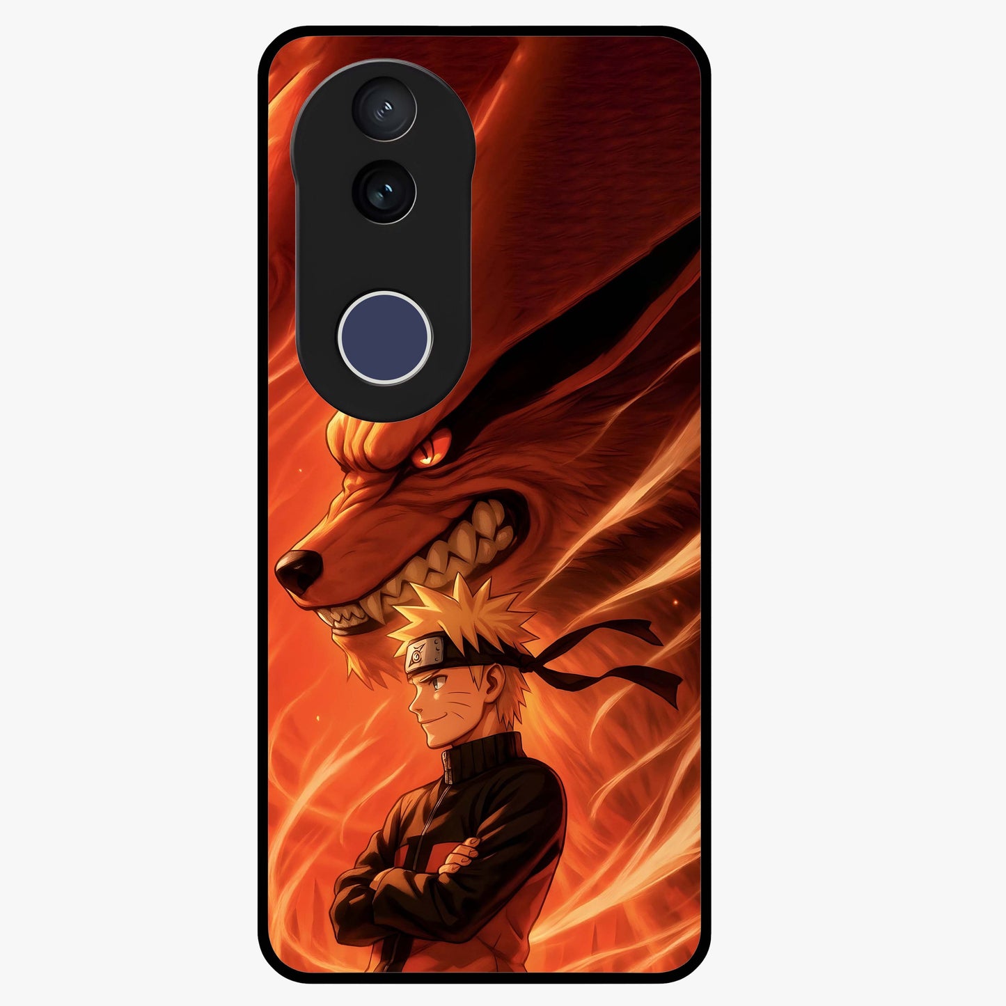 Nine Tails Legacy Glass Case showing flat back view with powerful nine-tailed fox inspired artwork and glossy glass finish.