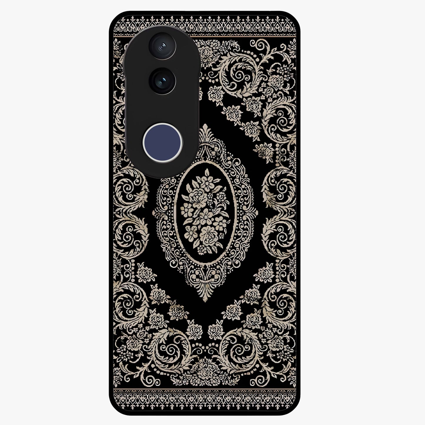 Noir Bloom Elegance Glass Case showing flat back view with elegant dark floral artwork and glossy glass finish.
