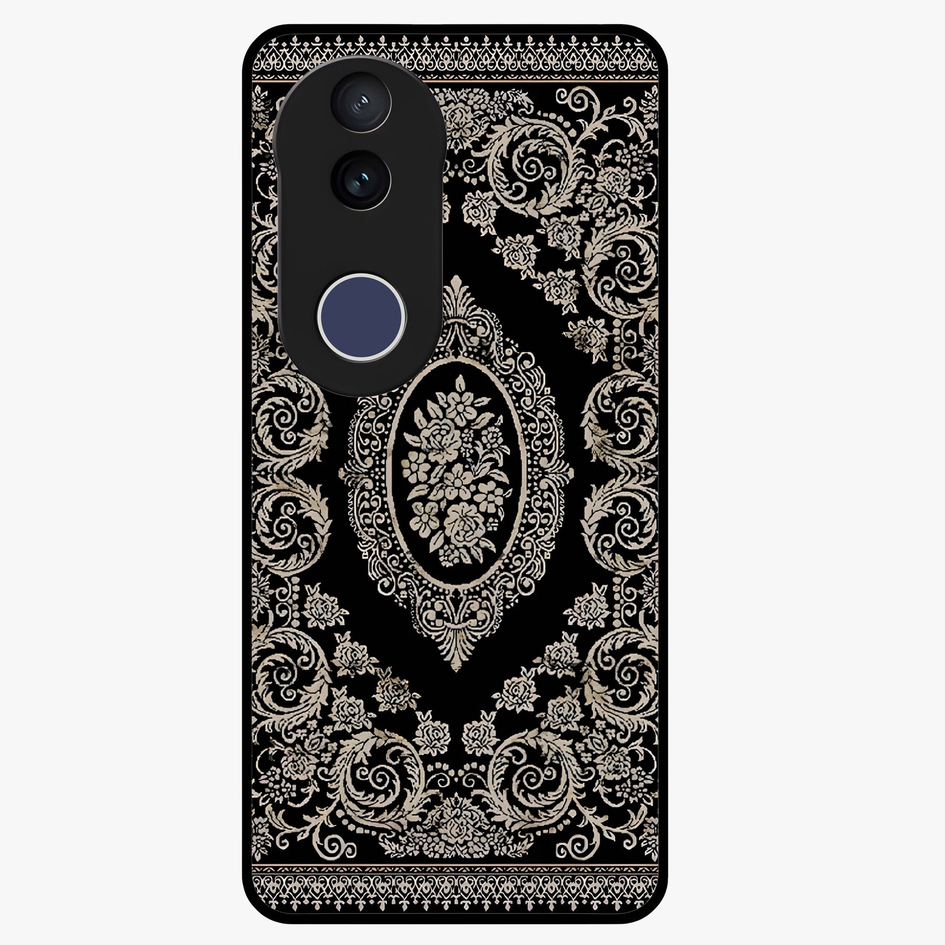 Noir Bloom Elegance Glass Case showing flat back view with elegant dark floral artwork and glossy glass finish.