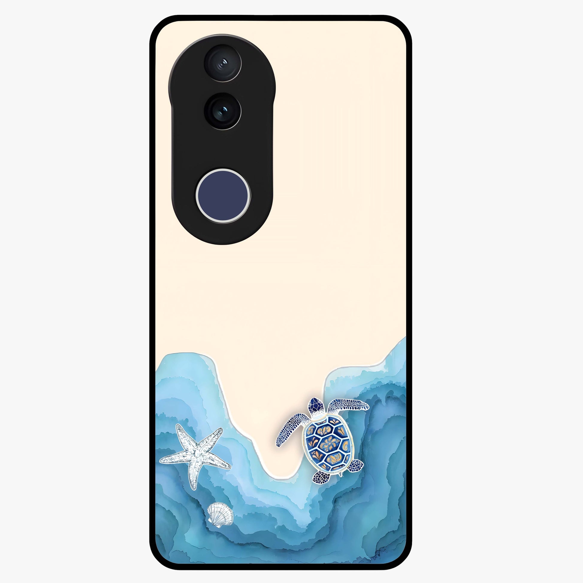 Ocean Drift Turtle Glass Case showing flat back view with sea turtle artwork and glossy glass finish.