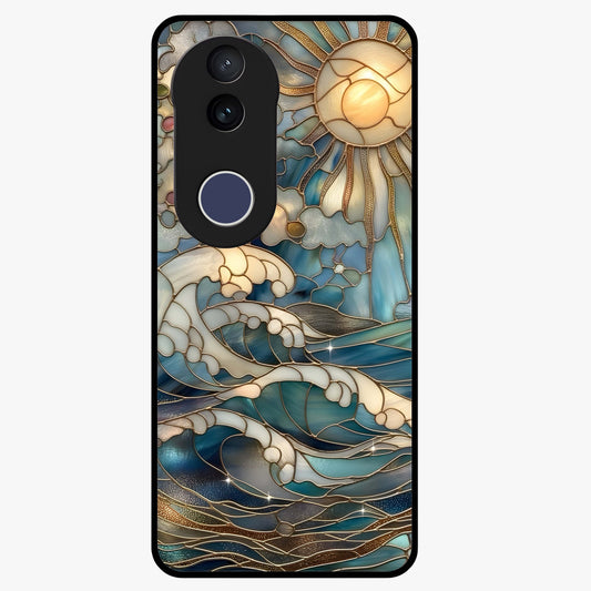 Oceanic Stained Printed Glass Case showing flat back view with ocean inspired stained pattern artwork and glossy glass finish.