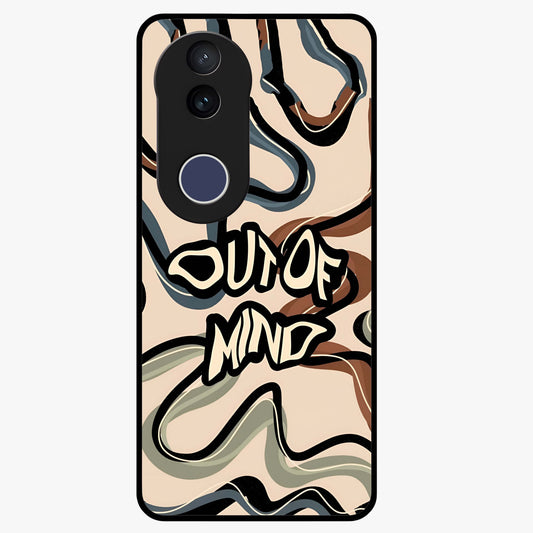 Out Of Mind Glass Case showing flat back view with expressive typography artwork and glossy glass finish.
