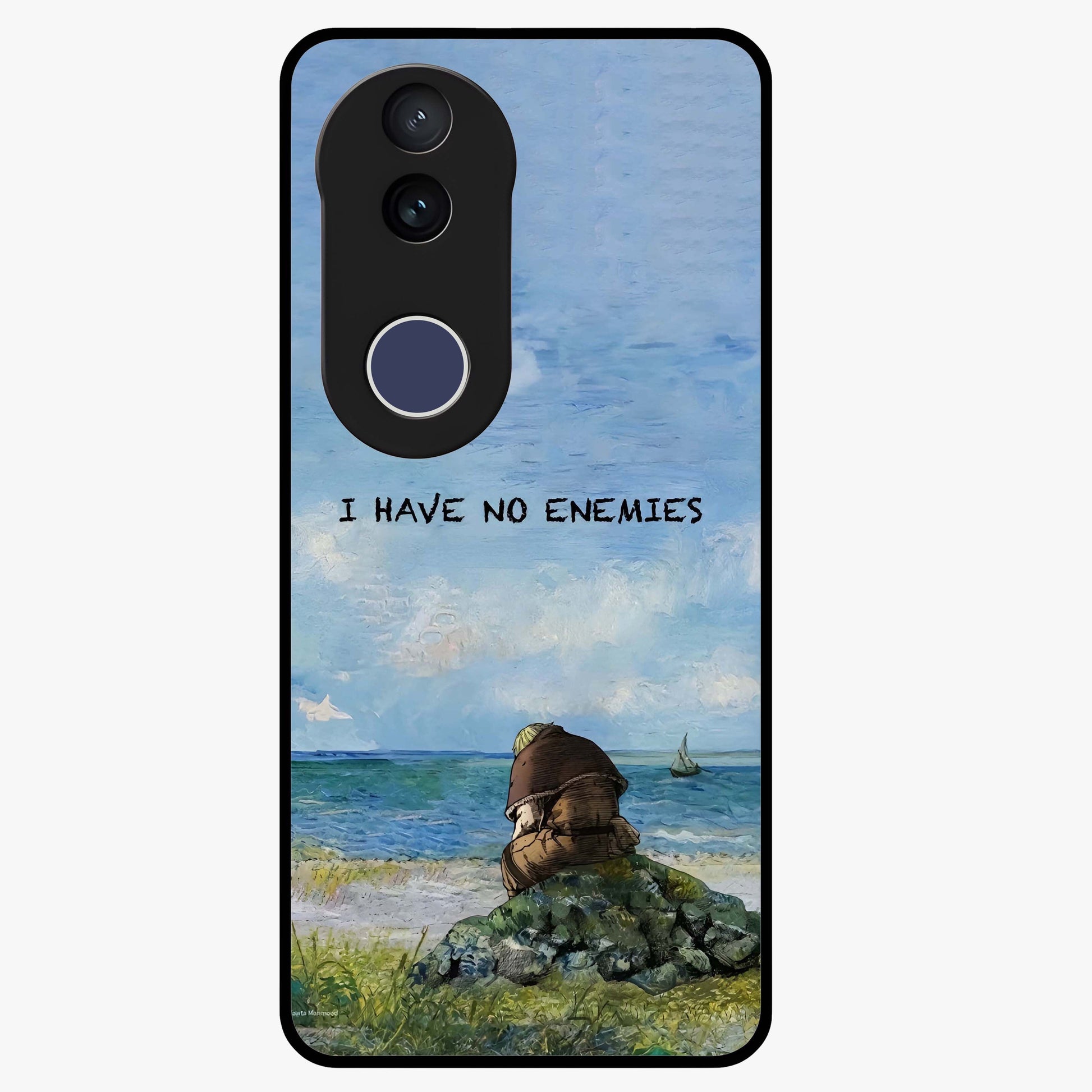 Peace Beyond War Glass Case showing flat back view with symbolic peace themed artwork and glossy glass finish.