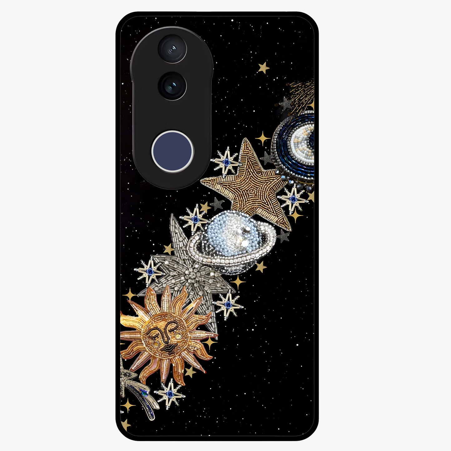 Pearls Universe Object Glass Case showing flat back view with pearl inspired cosmic artwork and glossy glass finish.