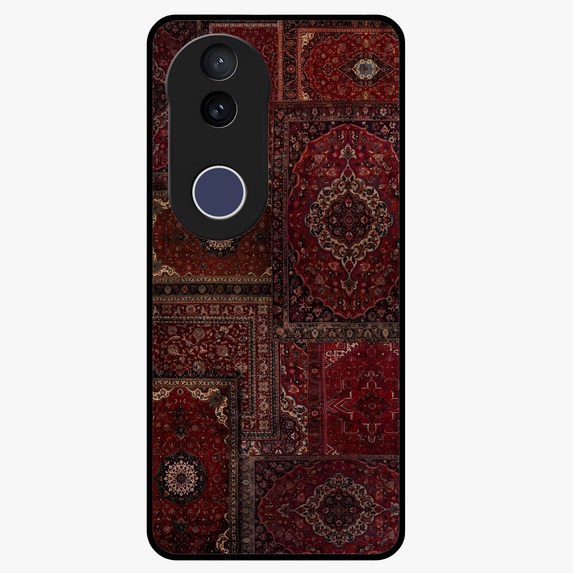 Persian Velvet Tale Glass Case showing flat back view with luxurious Persian velvet pattern artwork and glossy glass finish.