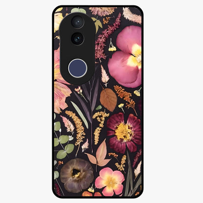 Petal Dream Tapestry Glass Case showing flat back view with intricate floral tapestry artwork and glossy glass finish.