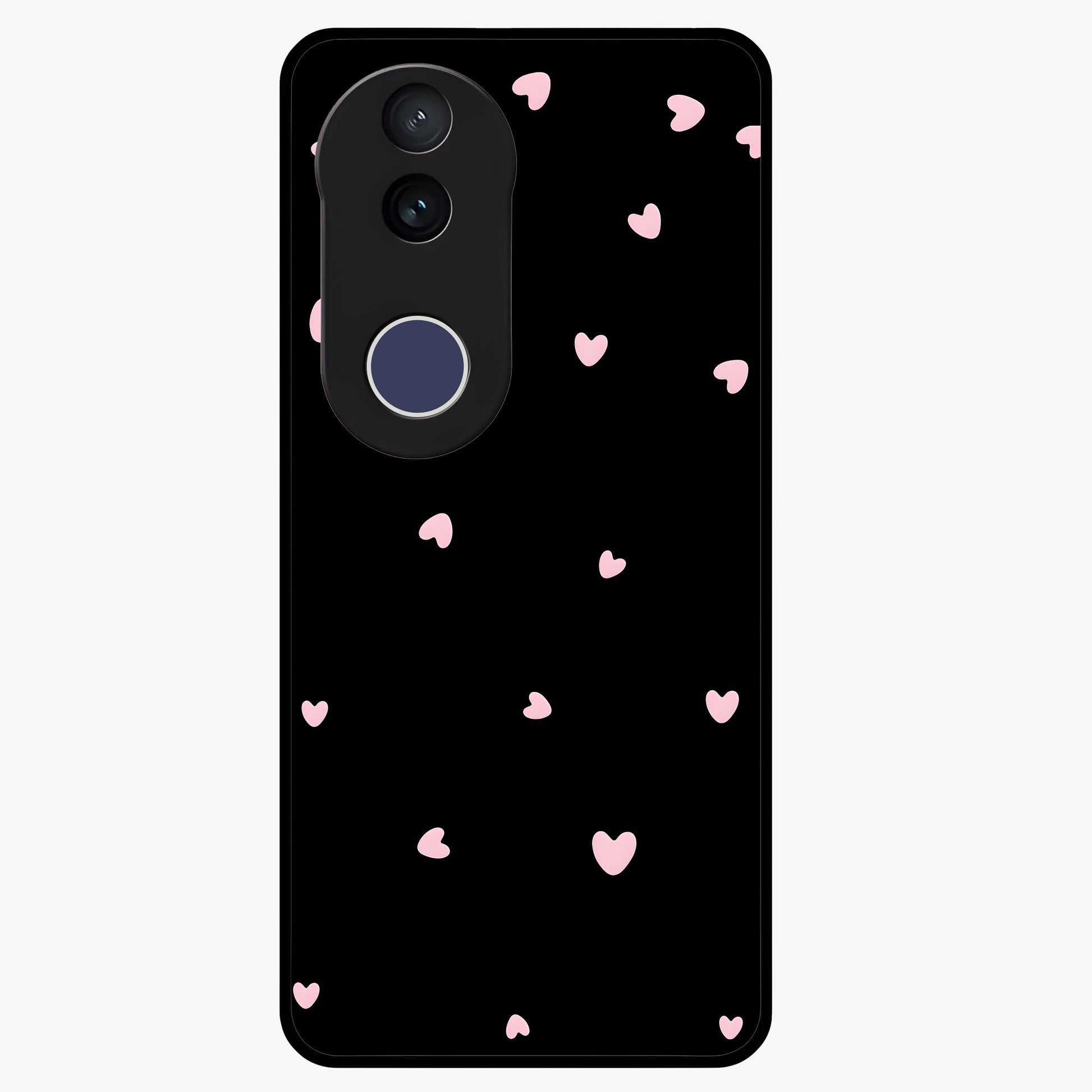 Pink Love Drops Glass Case showing flat back view with playful pink heart drops artwork and glossy glass finish.