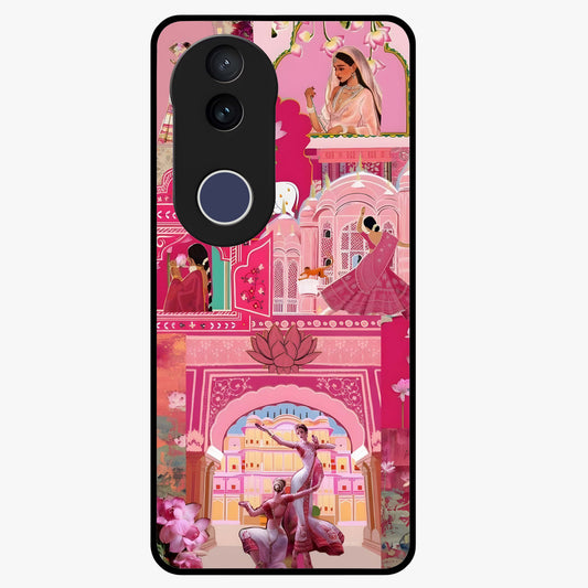 Pink Palace Muse Glass Case showing flat back view with elegant palace inspired artwork and glossy glass finish.