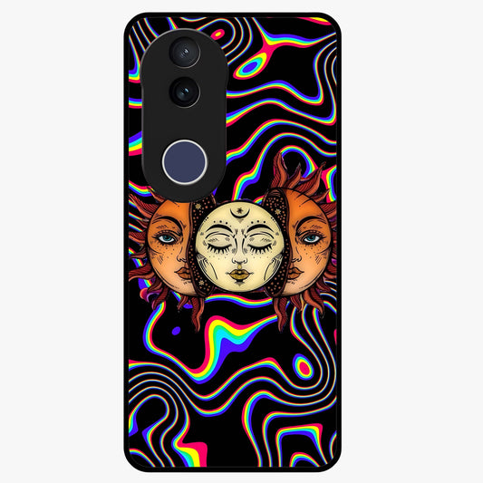 Psychedelic Sun Glass Case showing flat back view with colorful psychedelic sun artwork and glossy glass finish.