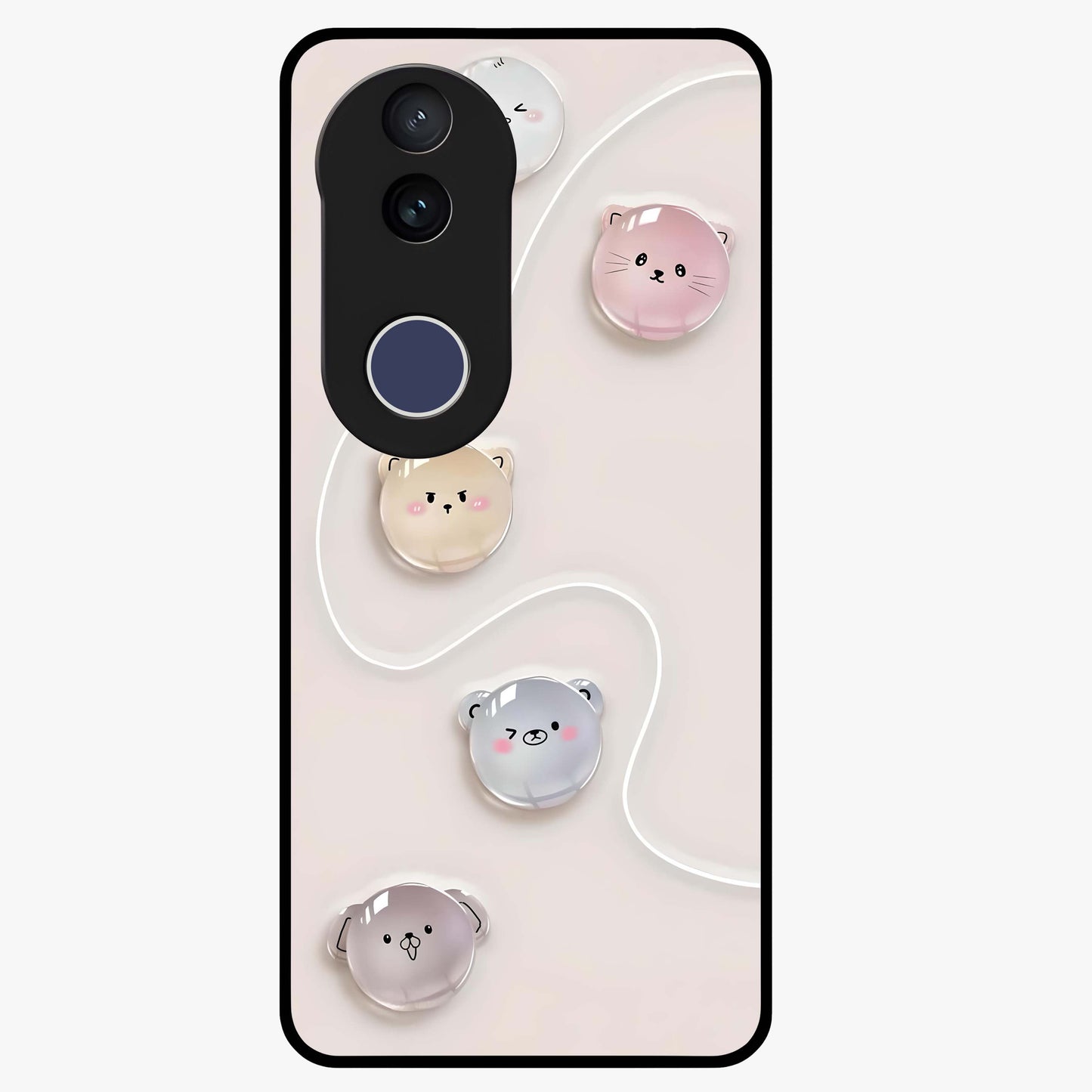 Puffy Face Parade Glass Case showing flat back view with cute puffy character faces artwork and glossy glass finish.