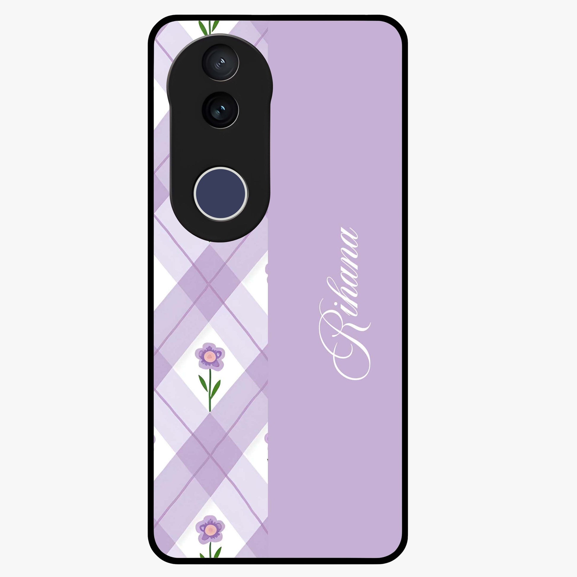Purple Diamond Floral Glass Case showing flat back view with diamond shaped floral artwork and glossy glass finish.