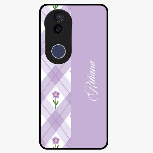 Purple Diamond Floral Glass Case showing flat back view with diamond shaped floral artwork and glossy glass finish.