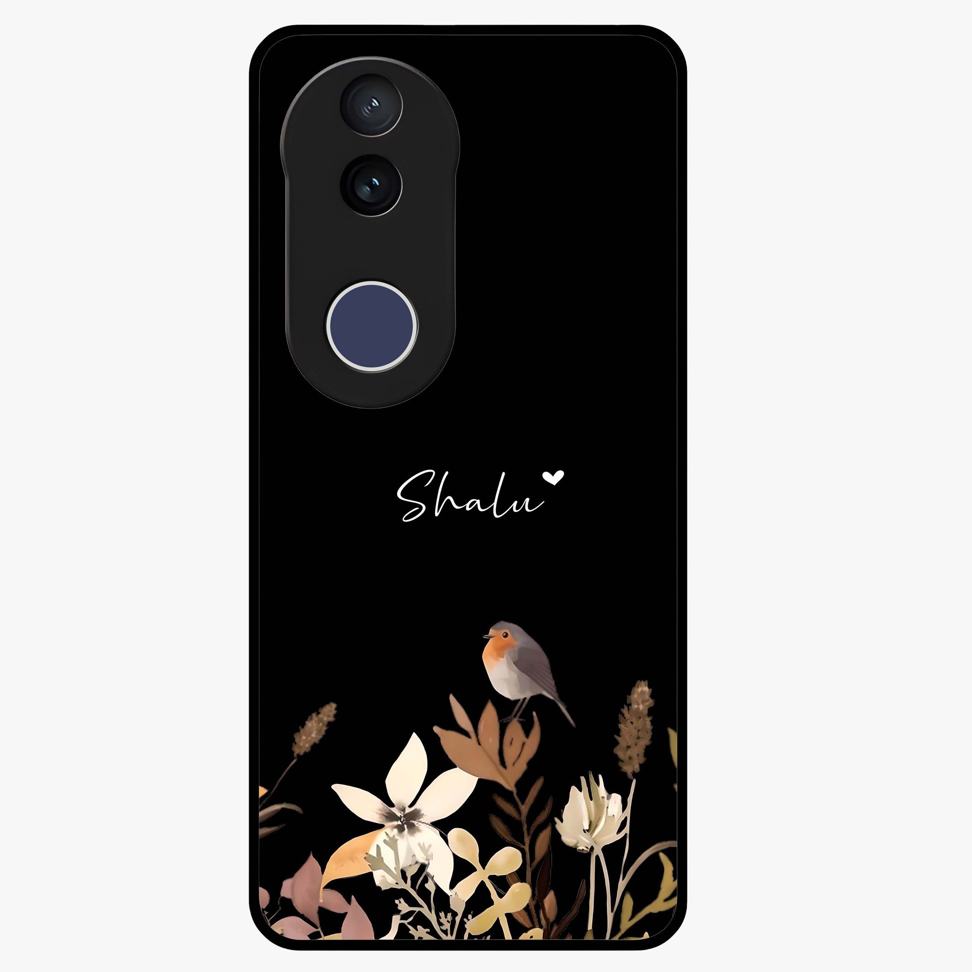 Quiet Garden Tune Custom Name Glass Case showing flat back view with peaceful garden artwork and personalized name design.