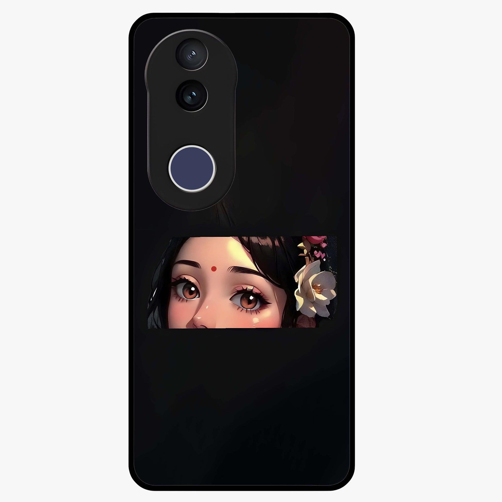 Radha Divine Embrace Glass Case showing flat back view with devotional Radha artwork and glossy glass finish.