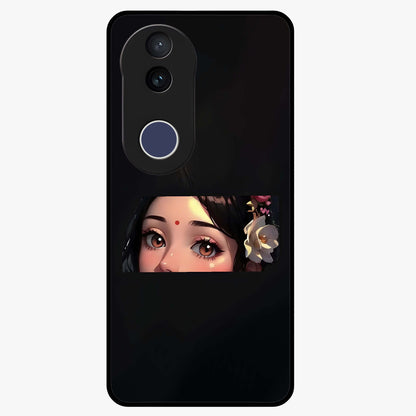 Radha Divine Embrace Glass Case showing flat back view with devotional Radha artwork and glossy glass finish.
