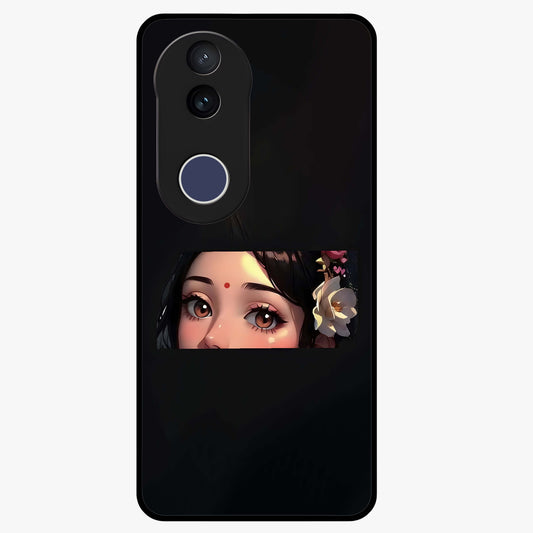 Radha Divine Embrace Glass Case showing flat back view with devotional Radha artwork and glossy glass finish.