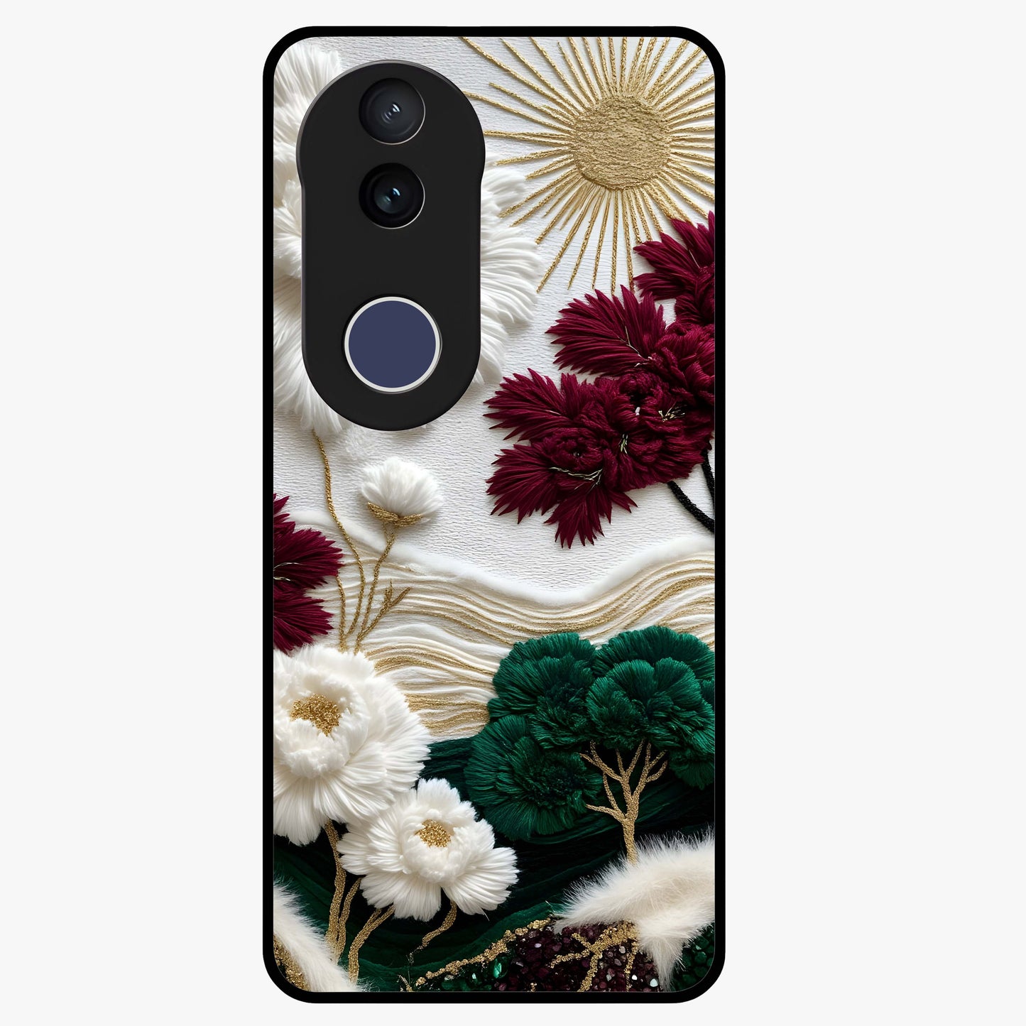 Radiant Bloom Elegance Glass Case showing flat back view with elegant blooming flower artwork and glossy glass finish.