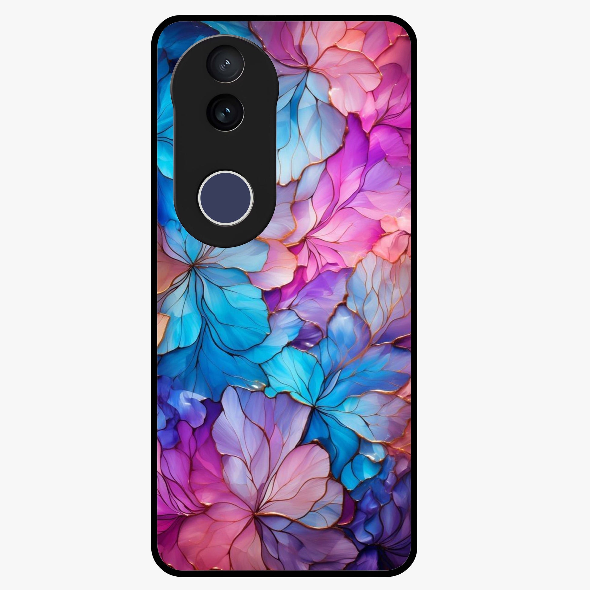 Radiant Floral Whirl Glass Case showing flat back view with swirling floral artwork and glossy glass finish.