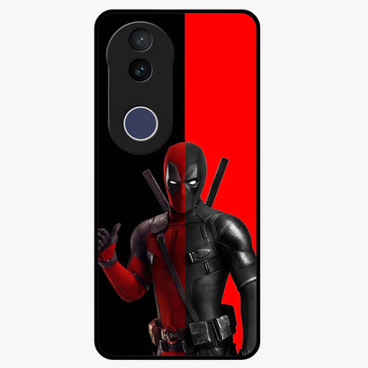 Red & Black Deadpool Theme Glass Case showing flat back view with bold comic inspired artwork and glossy glass finish.
