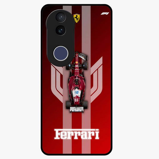 Red Ferrari F1 Vertical Glass Case showing flat back view with sleek Formula racing car artwork and glossy glass finish.