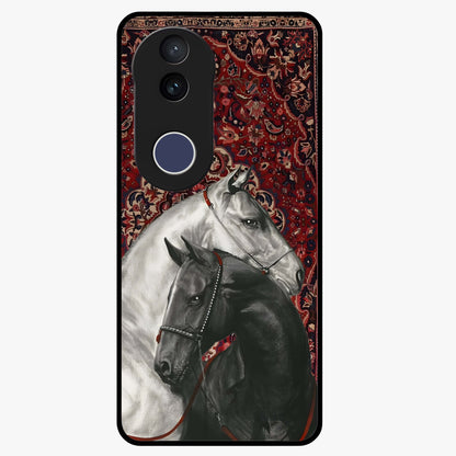 Regal Stallion Tapestry Glass Case showing flat back view with majestic horse tapestry artwork and glossy glass finish.