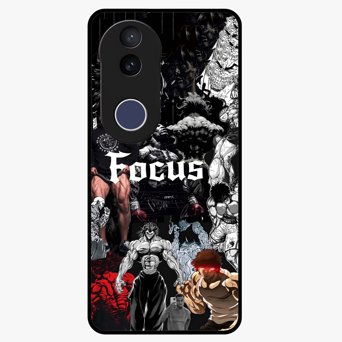 Relentless Power Focus Glass Case showing flat back view with motivational typography artwork and glossy glass finish.