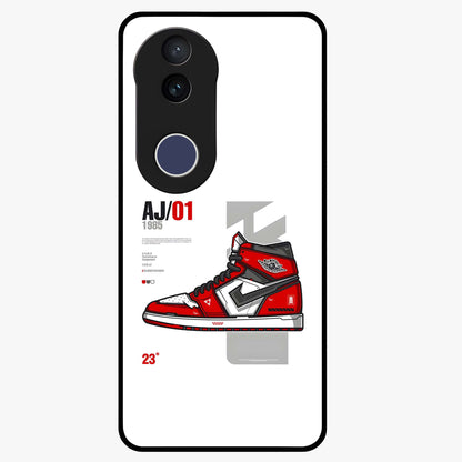 Retro Sneaker Blueprint Glass Case showing flat back view with sneaker blueprint style artwork and glossy glass finish.