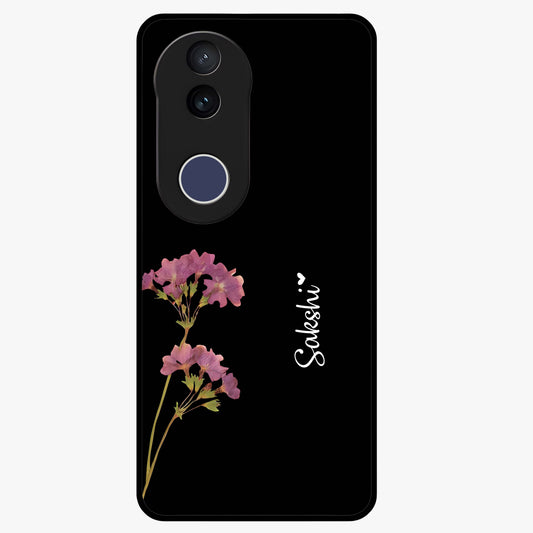 Riching Lavender Flower Custom Name Glass Case showing flat back view with lavender floral artwork and personalized name design.