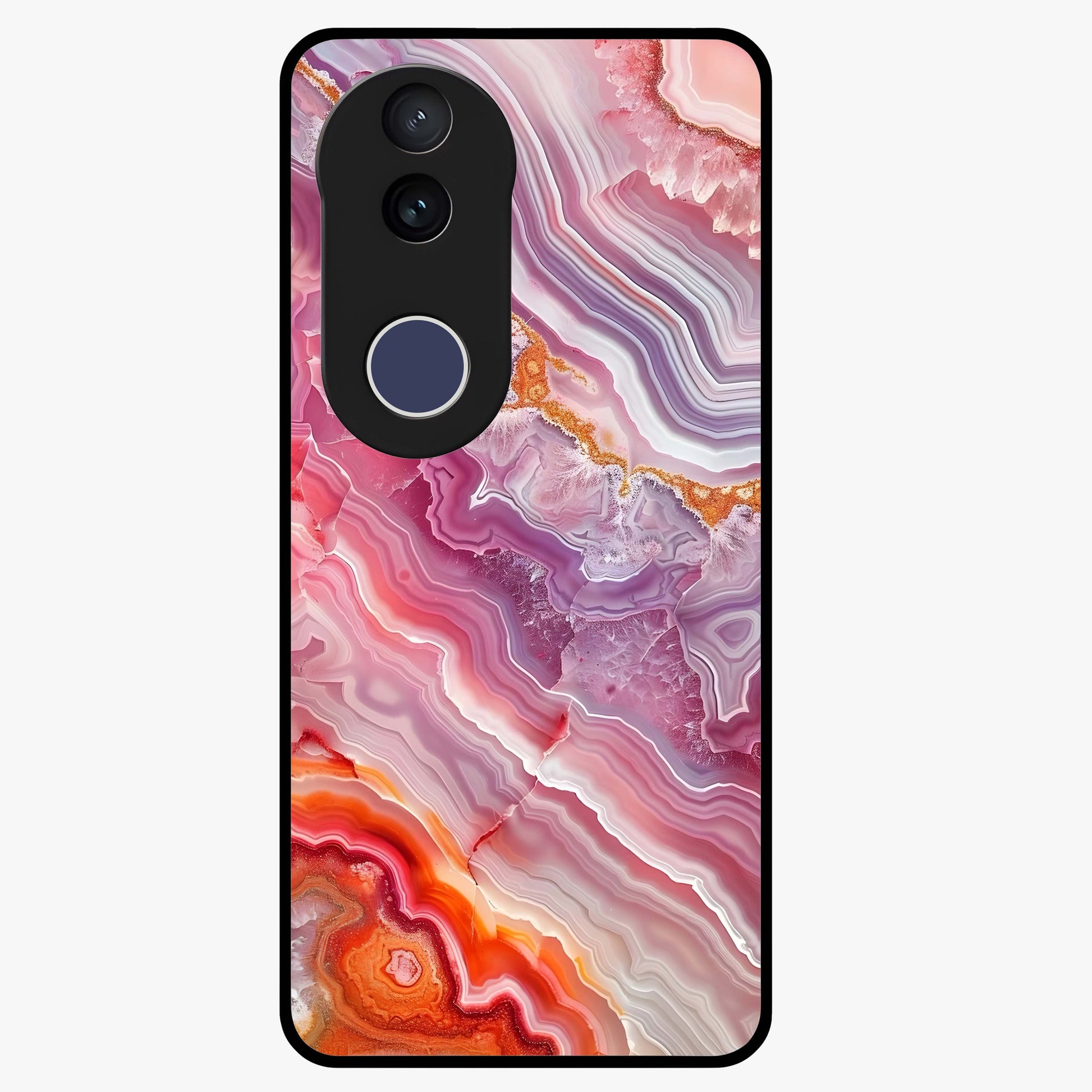 Rose Quartz Marble Glass Case showing flat back view with pink marble quartz texture artwork and glossy glass finish.