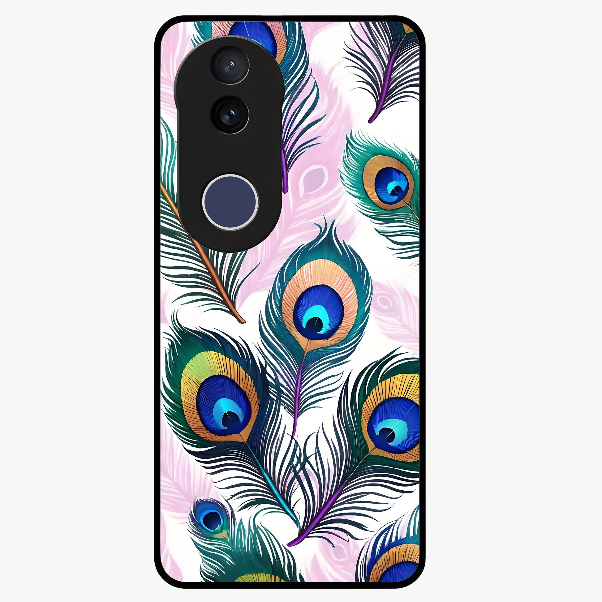Royal Peacock Feathers Glass Case showing flat back view with colorful peacock feather artwork and glossy glass finish.
