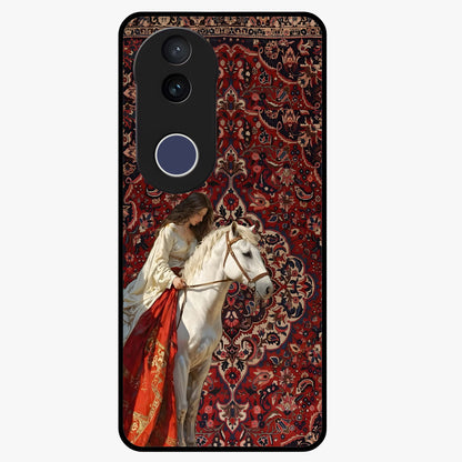 Royal Rider Tapestry Glass Case showing flat back view with majestic horse rider tapestry artwork and glossy glass finish.