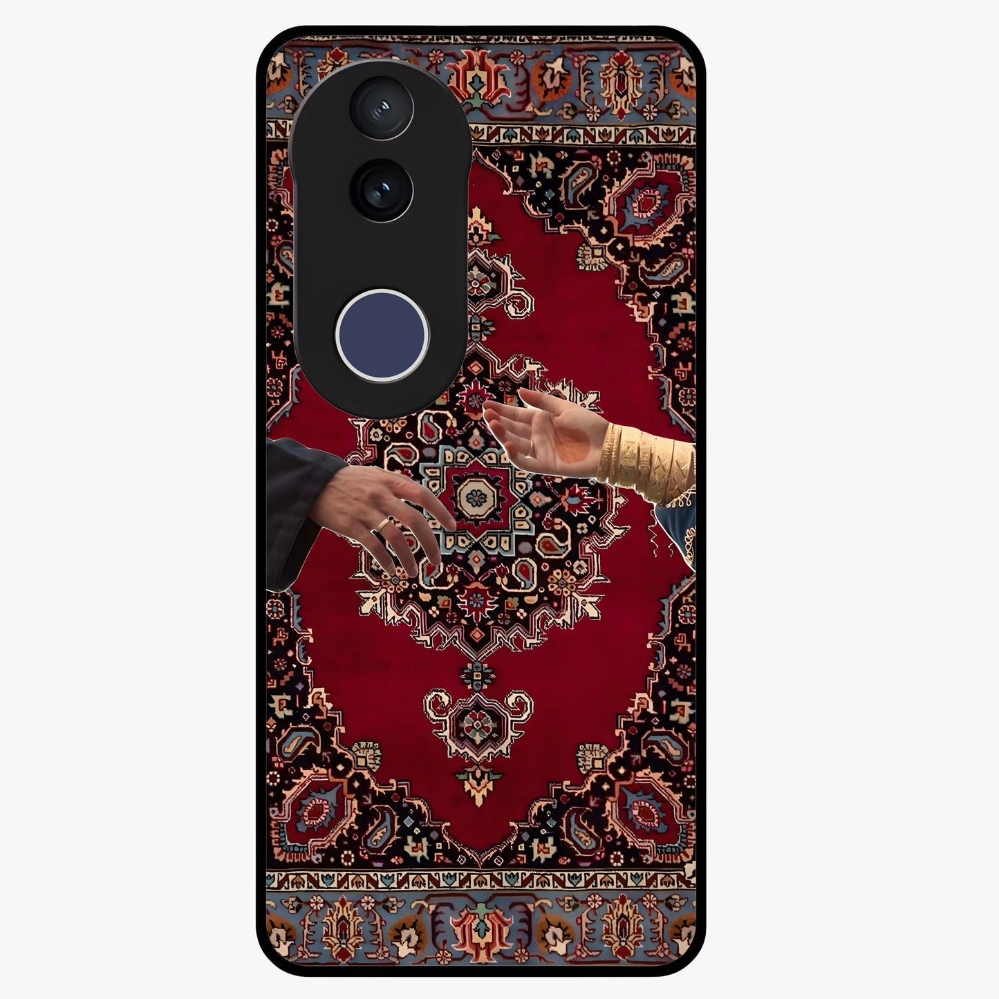 Royal Touch Reach Glass Case showing flat back view with elegant royal themed artwork and glossy glass finish.