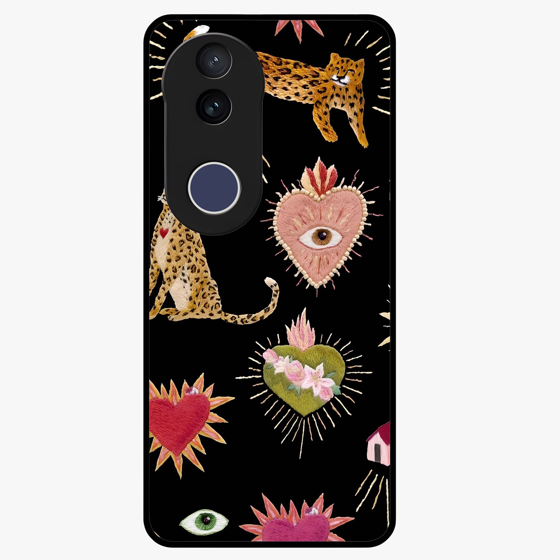 Sacred Jungle Heart Glass Case showing flat back view with jungle inspired heart artwork and glossy glass finish.