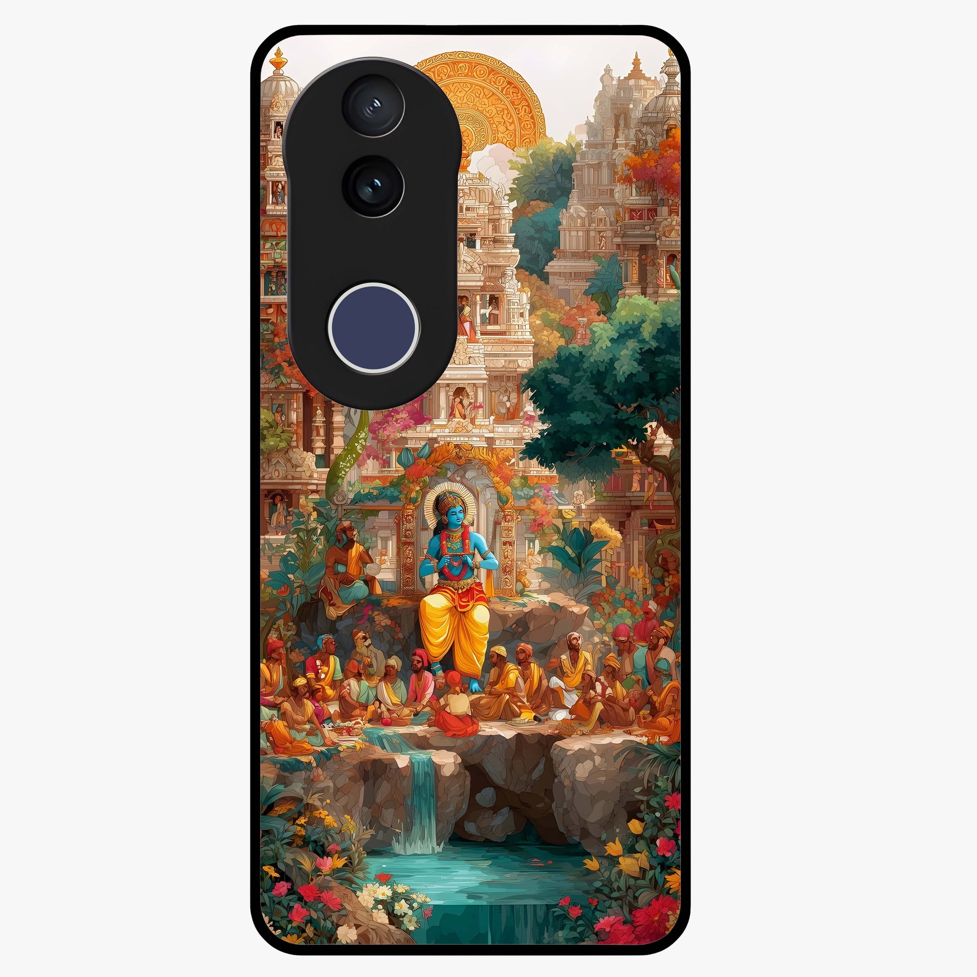 Sacred Sunlight Gods Glass Case showing flat back view with divine sunlight themed artwork and glossy glass finish.