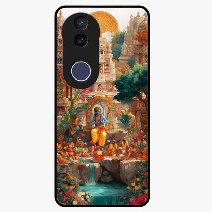 Sacred Sunlight Gods Glass Case showing flat back view with divine sunlight themed artwork and glossy glass finish.