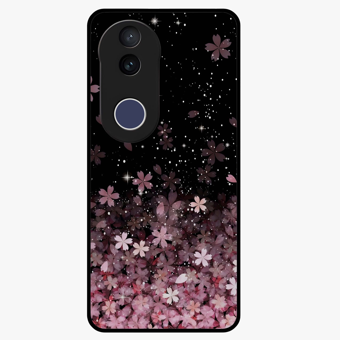 Small Starry Flowers Glass Case showing flat back view with delicate starry floral artwork and glossy glass finish.