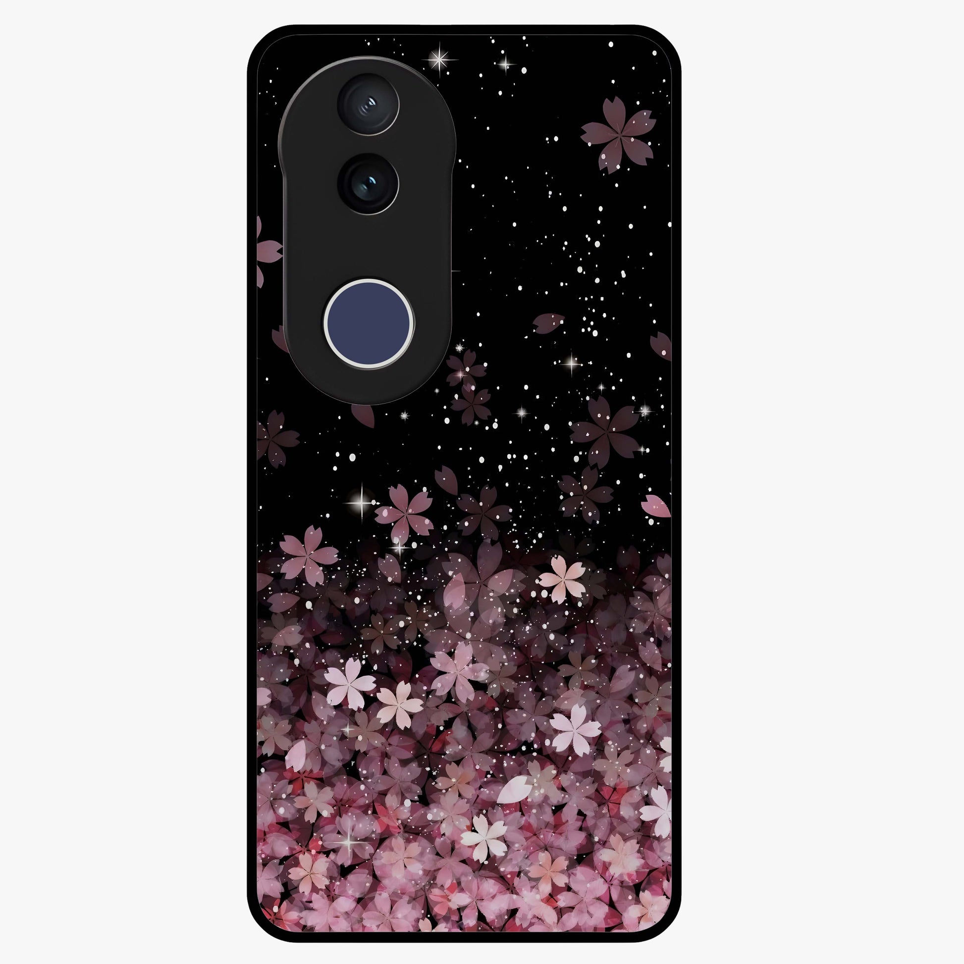 Small Starry Flowers Glass Case showing flat back view with delicate starry floral artwork and glossy glass finish.