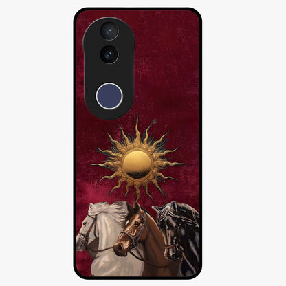 Solar Riders Glass Case showing flat back view with dynamic rider themed artwork and glossy glass finish.