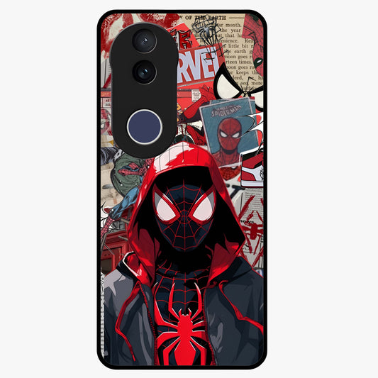 Spider Collage Street Glass Case showing flat back view with vibrant superhero collage artwork and glossy glass finish.