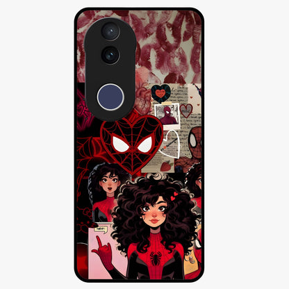 Spider Love Story Glass Case showing flat back view with romantic superhero themed artwork and glossy glass finish.
