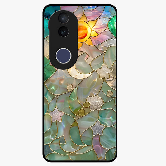 Stained Sunrise Glow Glass Case showing flat back view with glowing sunrise stained pattern artwork and glossy glass finish.