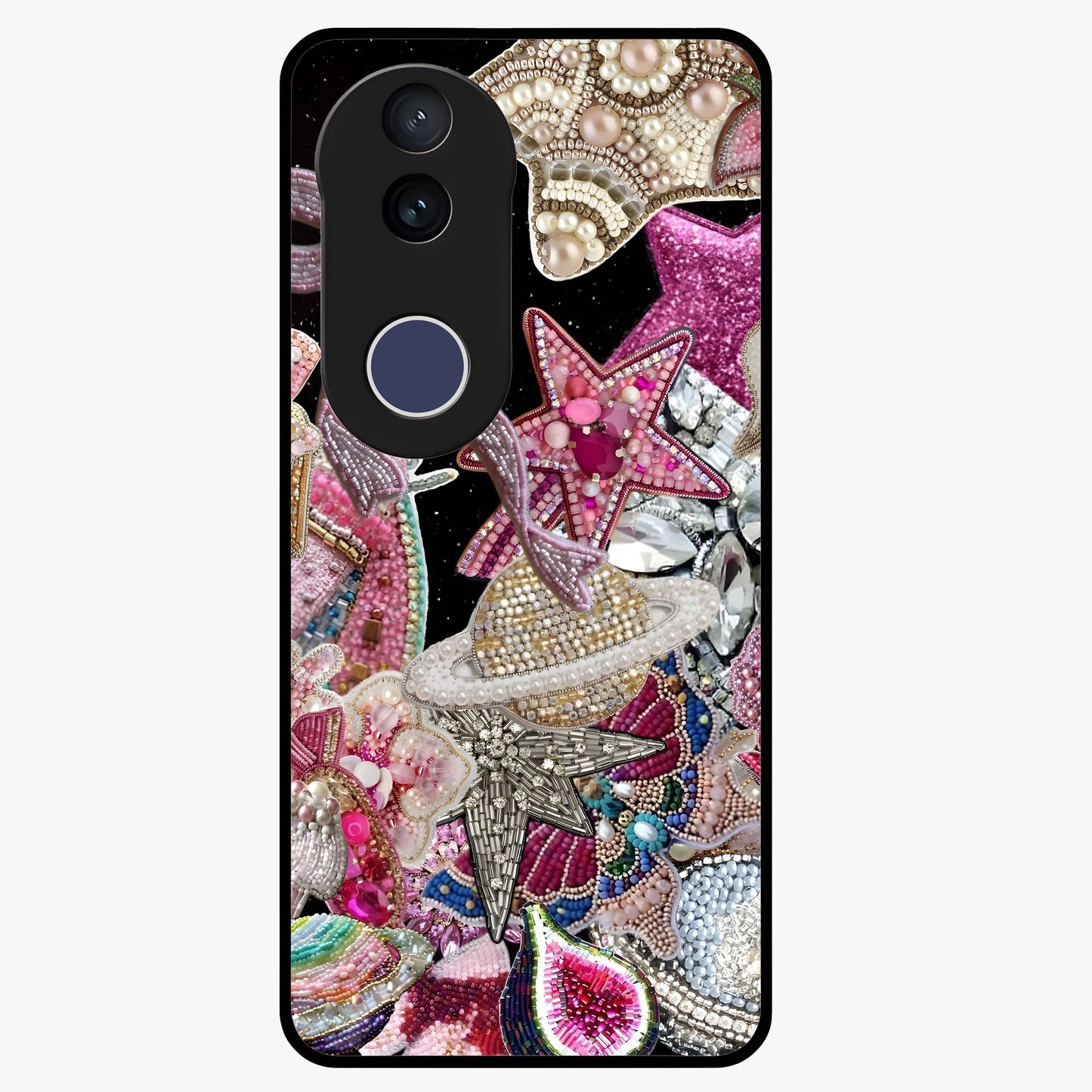 Starlit Jewel Dream Glass Case showing flat back view with sparkling jewel and star themed artwork and glossy glass finish.