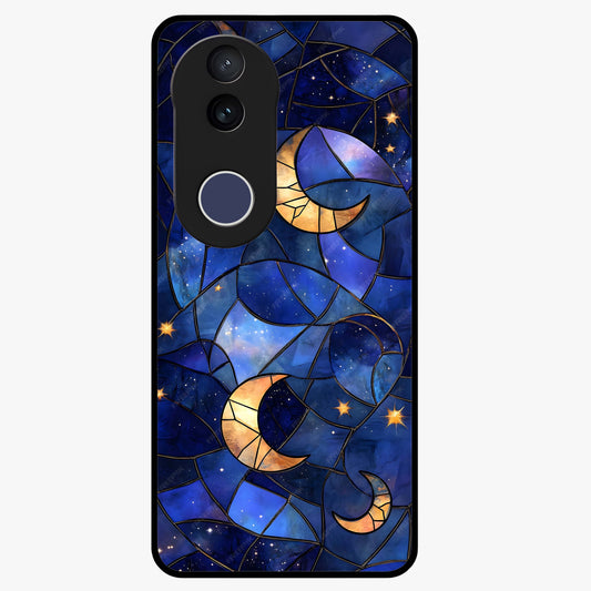 Starlit Sky Tapestry Glass Case showing flat back view with decorative starry sky tapestry artwork and glossy glass finish.