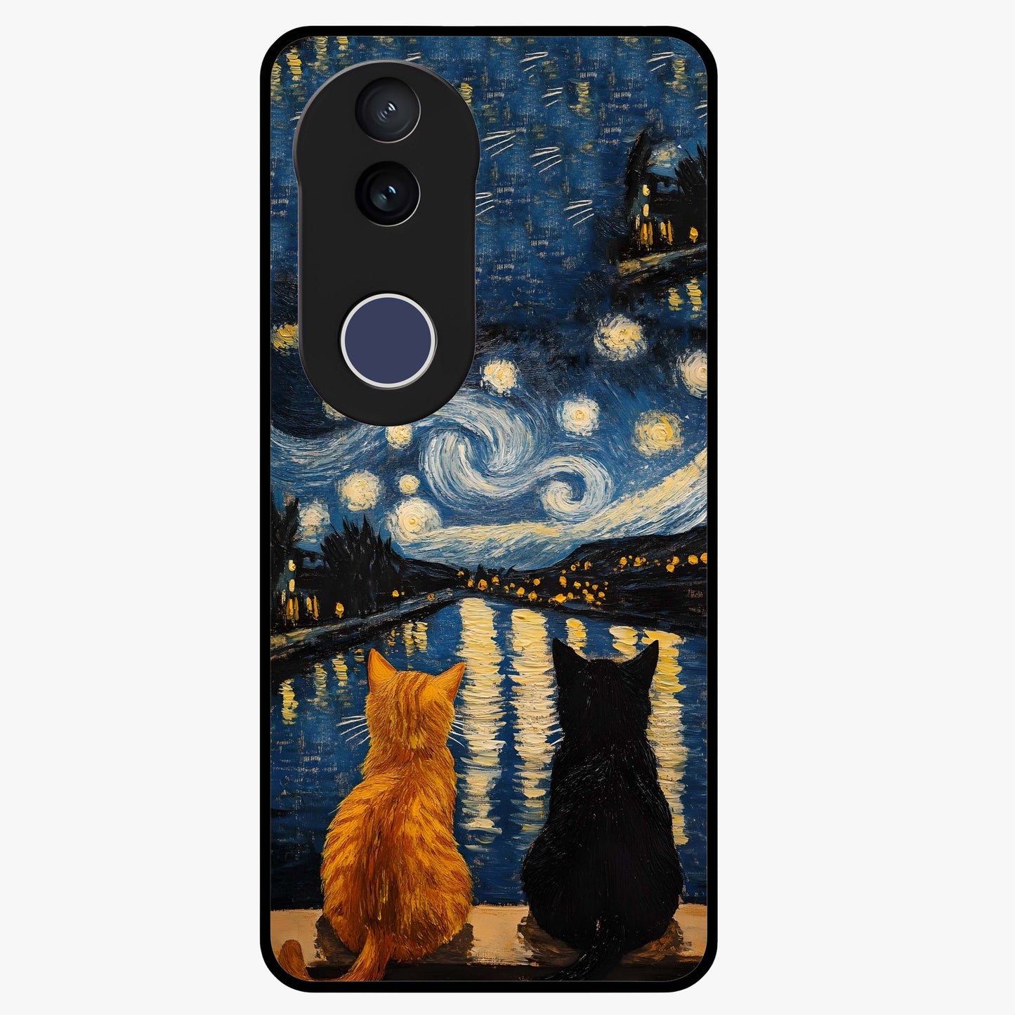 Starry River Cats Glass Case showing flat back view with cats by a starry river artwork and glossy glass finish.