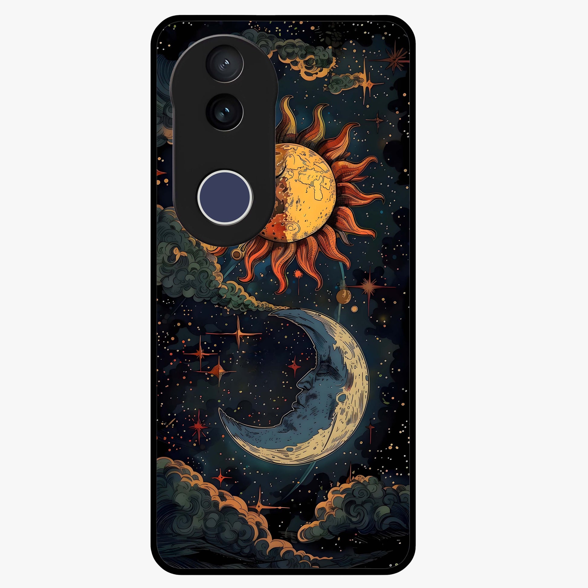 Sun And Moon Magic Design Glass Case showing flat back view with mystical sun and moon artwork and glossy glass finish.