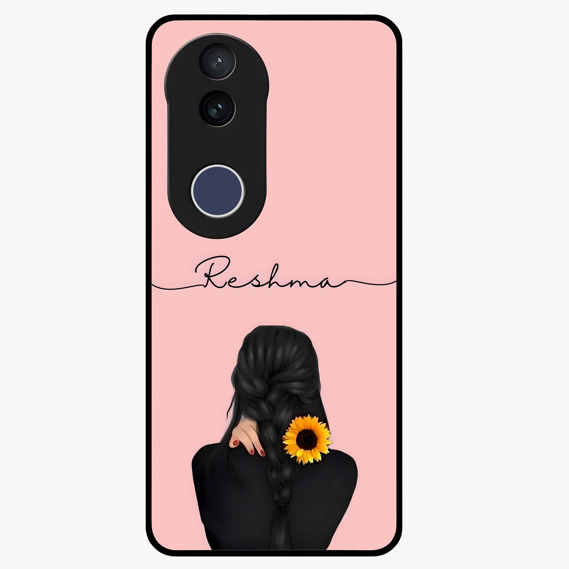 Sunflower Braid Beauty With Custom Name Glass Case showing flat back view with sunflower braid artwork and personalized name design.