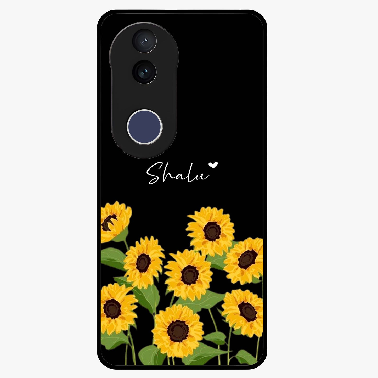Sunflower Chic Mood Custom Name Glass Case showing flat back view with stylish sunflower artwork and personalized name design.