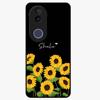 Sunflower Chic Mood Custom Name Glass Case showing flat back view with stylish sunflower artwork and personalized name design.